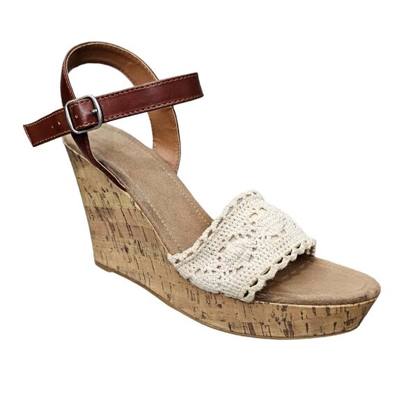 Maurices Baritt Wedge Platform Boho Crochet Sandals Brown And Cream Size 8 - Picture 2 of 11